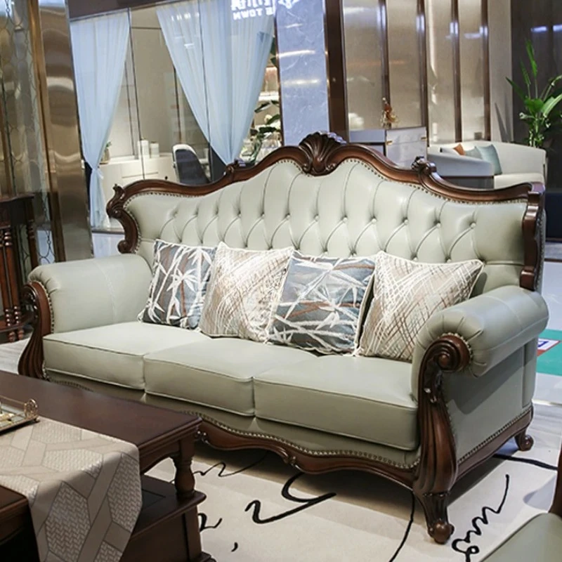 

American solid wood sofa simple European living room retro combination leather sofa