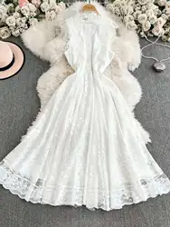 Elegant Embroidery Lace Long Dresses Women Summer Holiday Ruffles Flower Hollow Out Dress Evenning Party Wedding Vestidos
