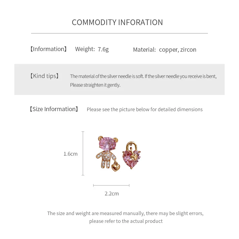 925 الفضة إبرة الزركون الدب الحب أقراط للنساء الراقية غير المتماثلة قرط الاذن المرصع المألوف تنوعا الحلو مجوهرات #6