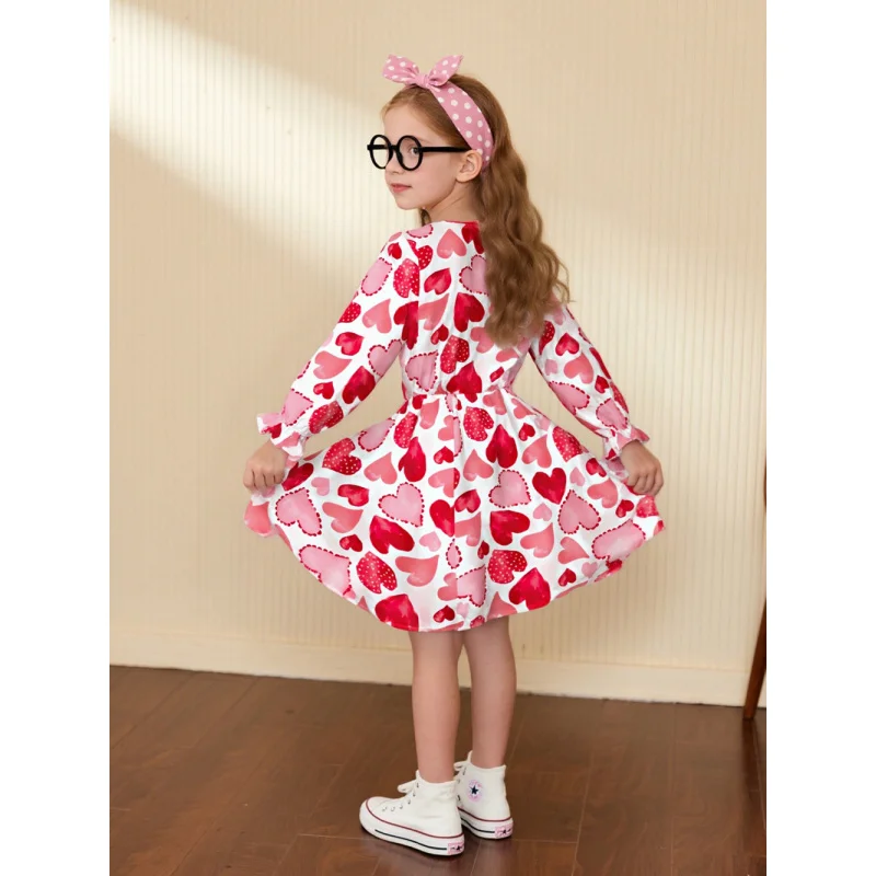 2025 Girls Valentine's Day Heart Print Long Sleeve Dress - Cute Flounce Sleeve A-Line Swing Dress for Kids Casual Party Outfit