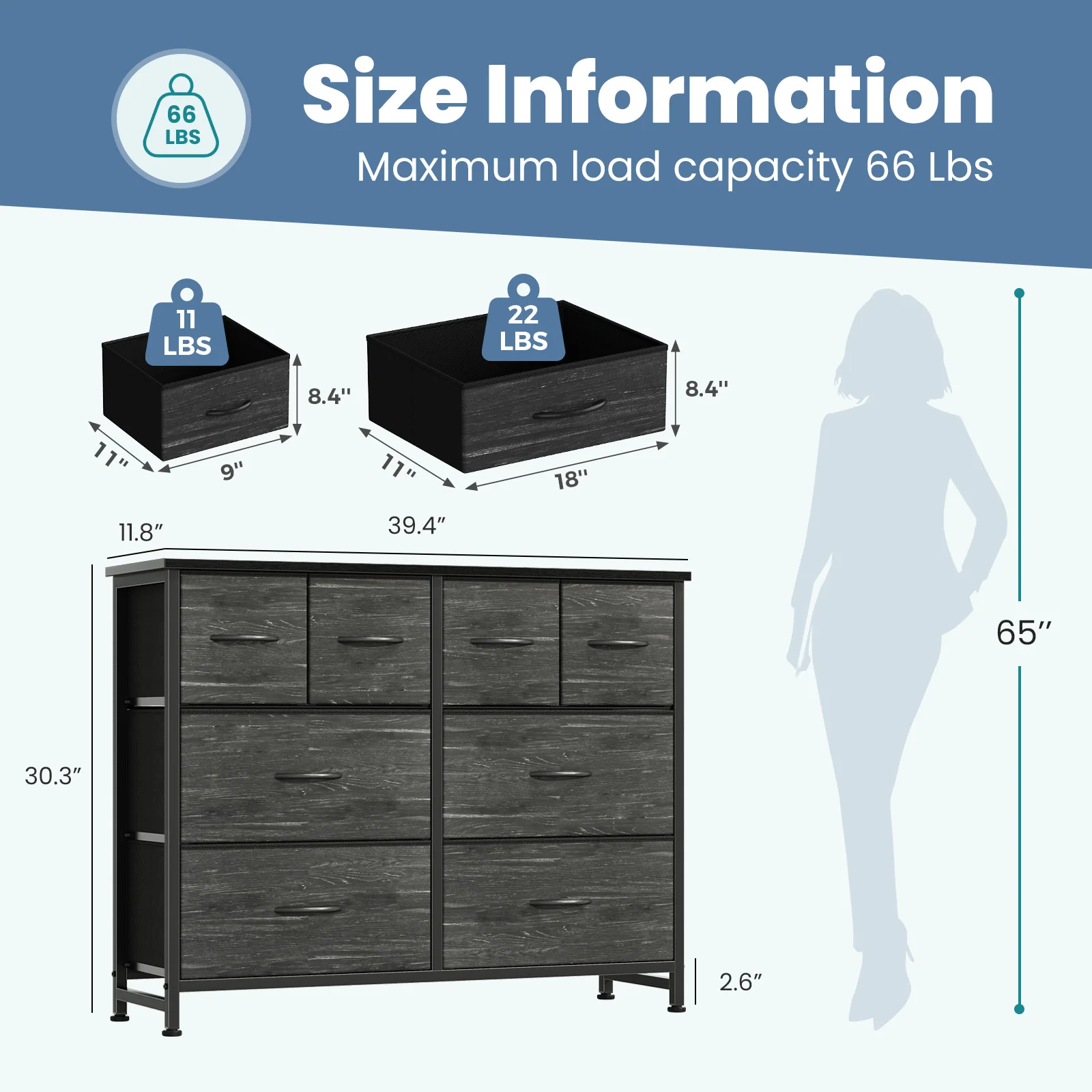 JHK Cabinet For Living Room With 8 Fabric Drawers Spacious Storage Tower for Closet TV Stand with Wood Top and Mental Frame