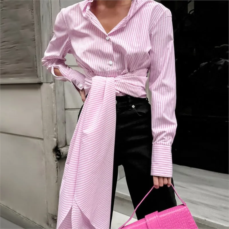 패션 스트라이프 여성 셔츠 긴팔 캐주얼 루즈 레이스업 허리 비대칭 셔츠 2025 라펠 넥 튜닉 블라우스 탑