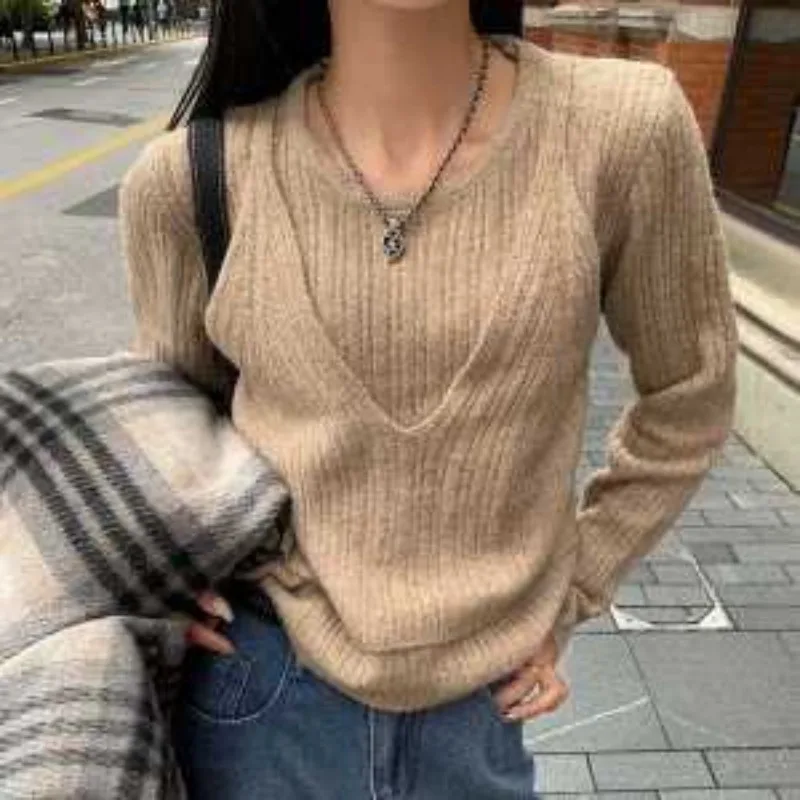 

Матча, ретро темперамент, искусственный вязаный женский свитер из двух частей, осень 2023, новый ленивый свободный свитер