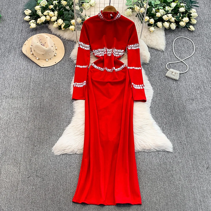 

Женское осенне-зимнее облегающее элегантное платье, легкое роскошное длинное платье высокого класса с кристаллами и бриллиантами с воротником-стойкой