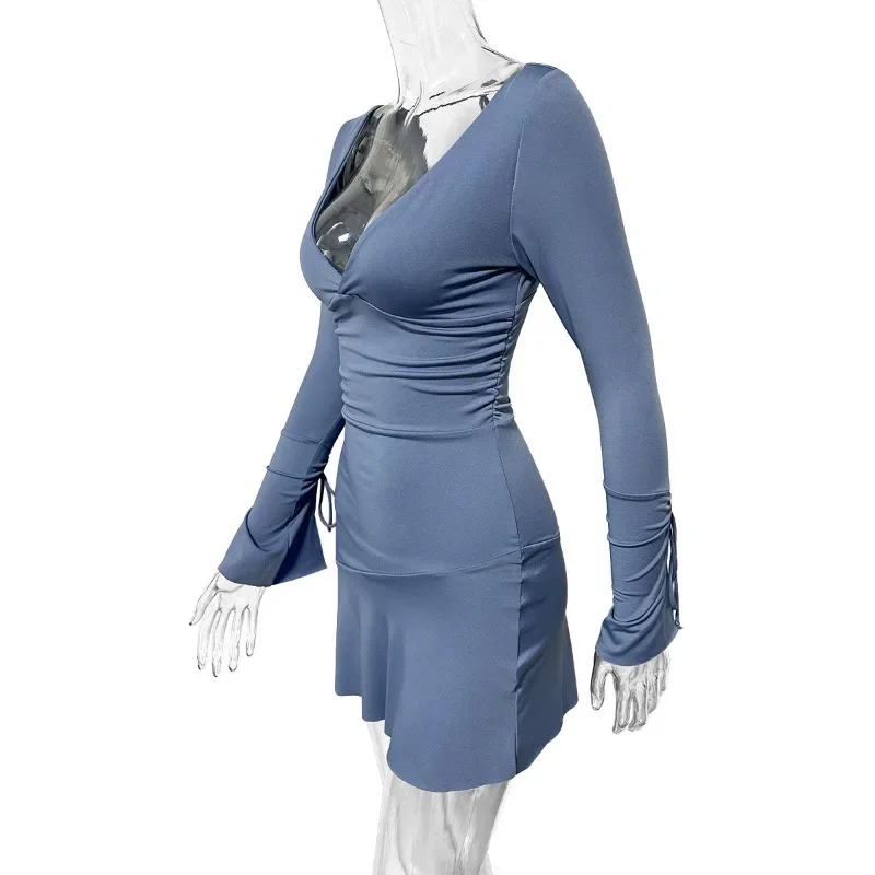 حار بيع المرأة العميق الخامس الرقبة، الورك المعانقة فستان بأكمام طويلة، الأوروبية والأمريكية مثير عارية الذراعين الدانتيل يصل فستان قصير