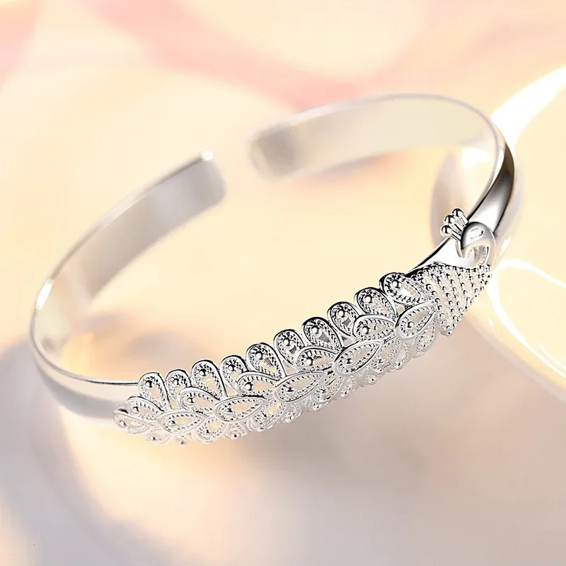 925 Sterling Silver Peacock Opening Screen Bracelet For Women Luxury Designer Texture Open Bracelets Party Original Jewelry Gift