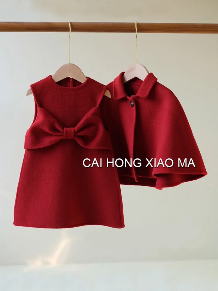Girls' Set Autumn/Winter New Children's Cloak Dress Set 2-piece Baby Stylish Birthday and Christmas Dress