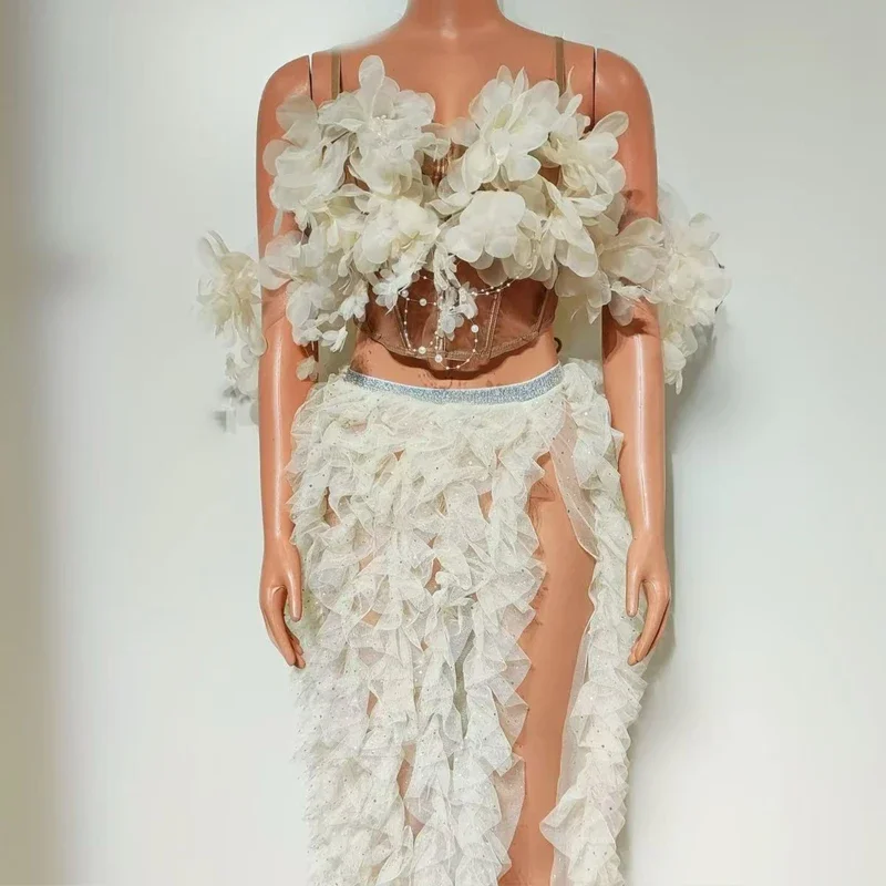 Stage Wedding Outfit White Flower show Trailing Dress Women Celebrate Evening Dresses Sexy Pole Dance Costume