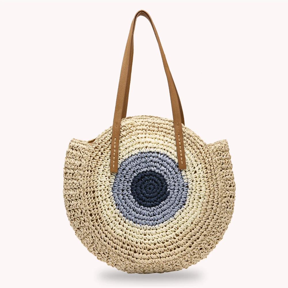 

Women Summer Straw Rattan Shoulder Bag Portable Round Color Splicing Handmade Woven Handbags Vacation Beach Travel Pouch