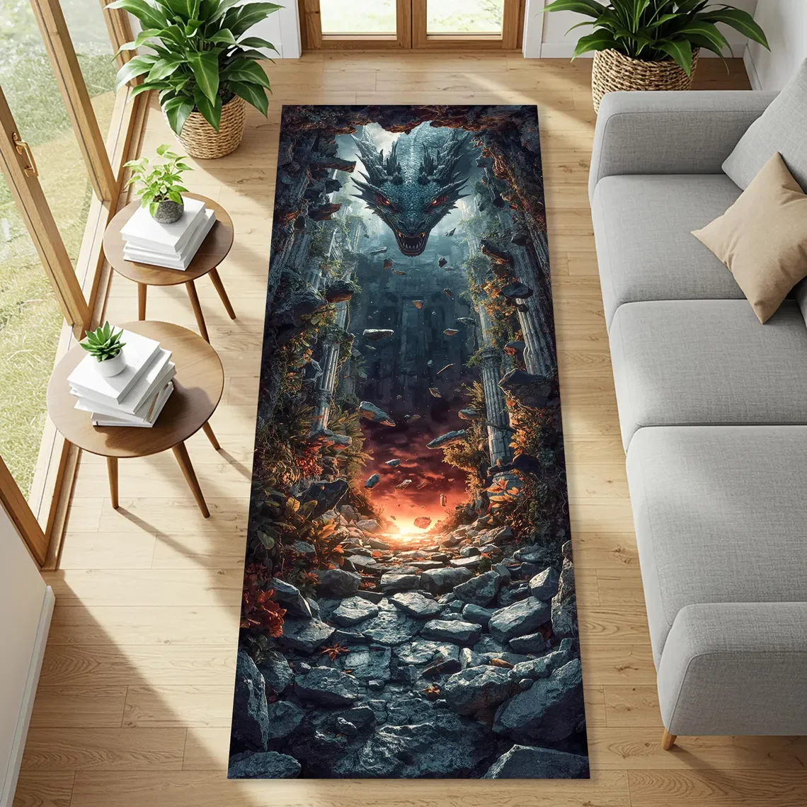 Medieval Dragon Phoenix and Knight Runner Rug Fantasy Entryway Carpet for Gothic Hallways, Bedroom Bedside Extended Floor Mat