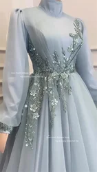 Xijun Modest Blue Prom Dresses Moroccan Kaftan Long Sleeves Evening Dresses High Collar A-Line Beads Prom Gowns Muslim Dresses