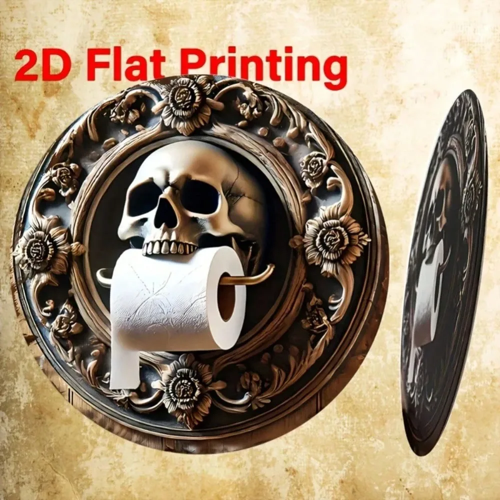 Wooden 2D Flat Printing Skull Toilet Paper Holder Sign, Vintage Gothic Wall Art, Steampunk Bathroom Decor for Home – Retro Metal