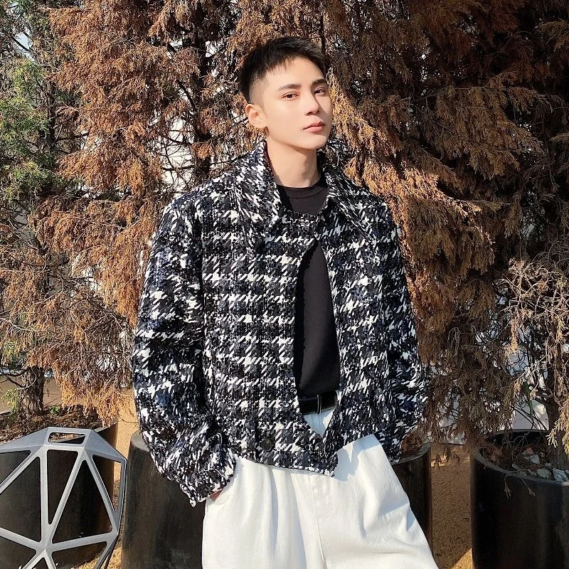 And Autumn Winter Thickened Checkered Embroidery Sequin Short Coat Men's Korean Lapel Fashion Niche Oversized Jacket 2A0705