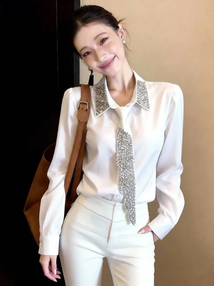 

Ele Collar Satin irt Women's Spring New Sle Long Sve Diamond Embellied Loose Fit Ciwalk Faion Cotton