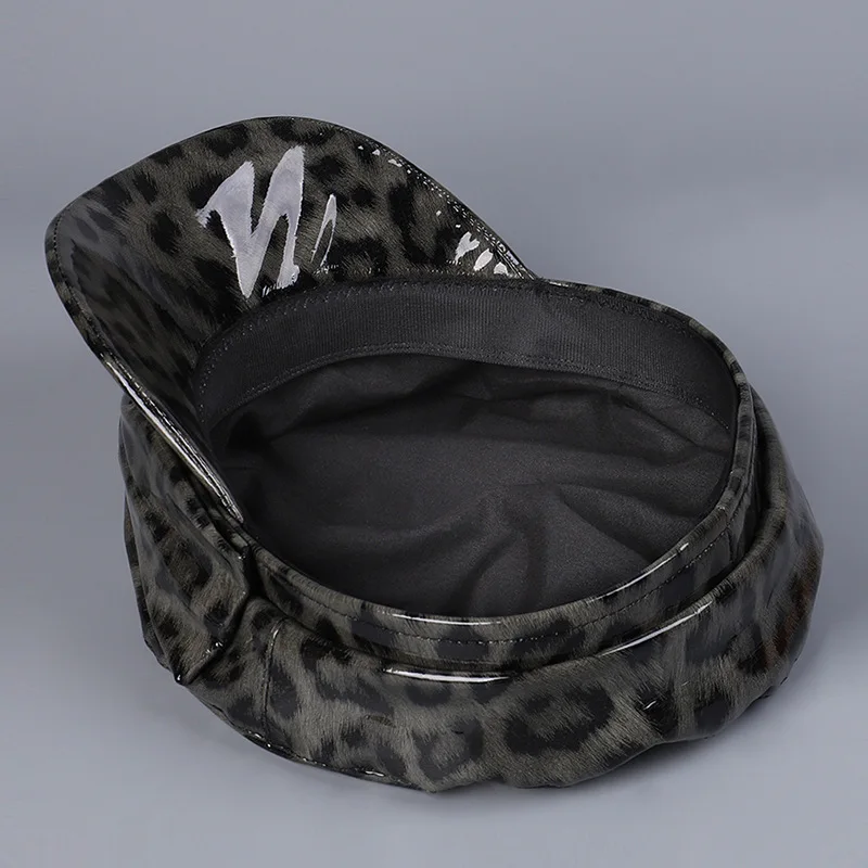 New Fashion PU Leather Flat Cap Leopard Printed Military Hat Bowknot Winter Hat for Women Solid Newsboy Cap Shiny Fiddler Sailor