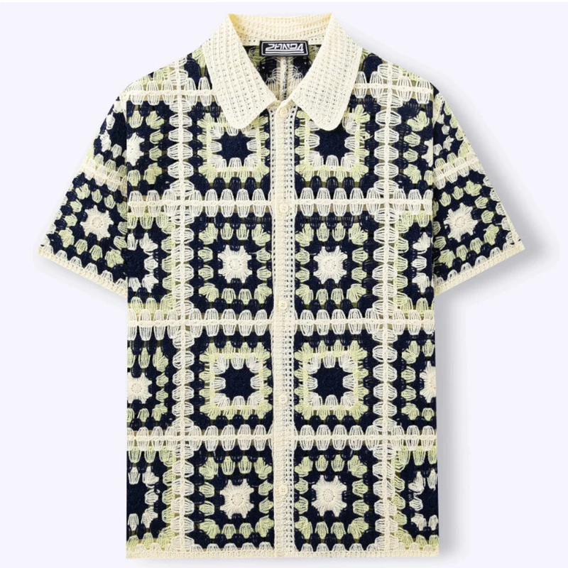Daily Leisure Holllow Out Knit Shirt Tops Mens Summer Knitted Holllow Out Shirts Vintage Crochet Loose Fit Short Sleeve Cardigan