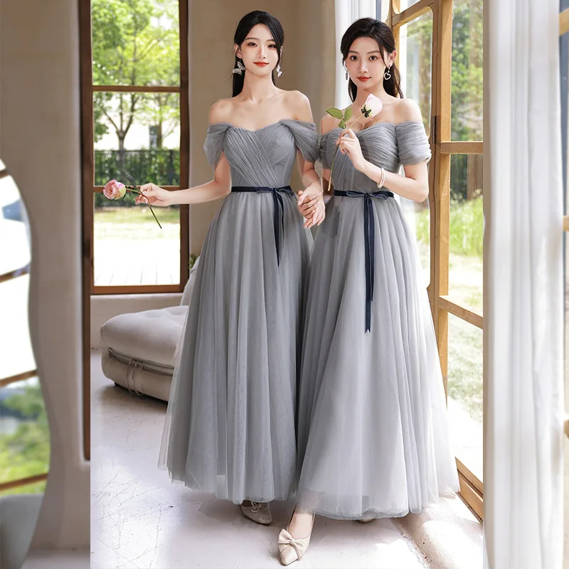 Grey Simple Bridesmaid Dress With Lace Up 4 Styles Elegant Off The Shoulder Tulle A-line Wedding Party Evening Dresses Vestidos