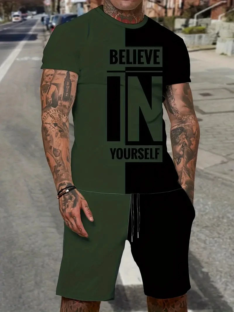 BELIVE IN YOURSELF-camiseta y pantalones cortos para hombre, conjunto informal multicolor de dos piezas, ropa de moda, verano, 2024