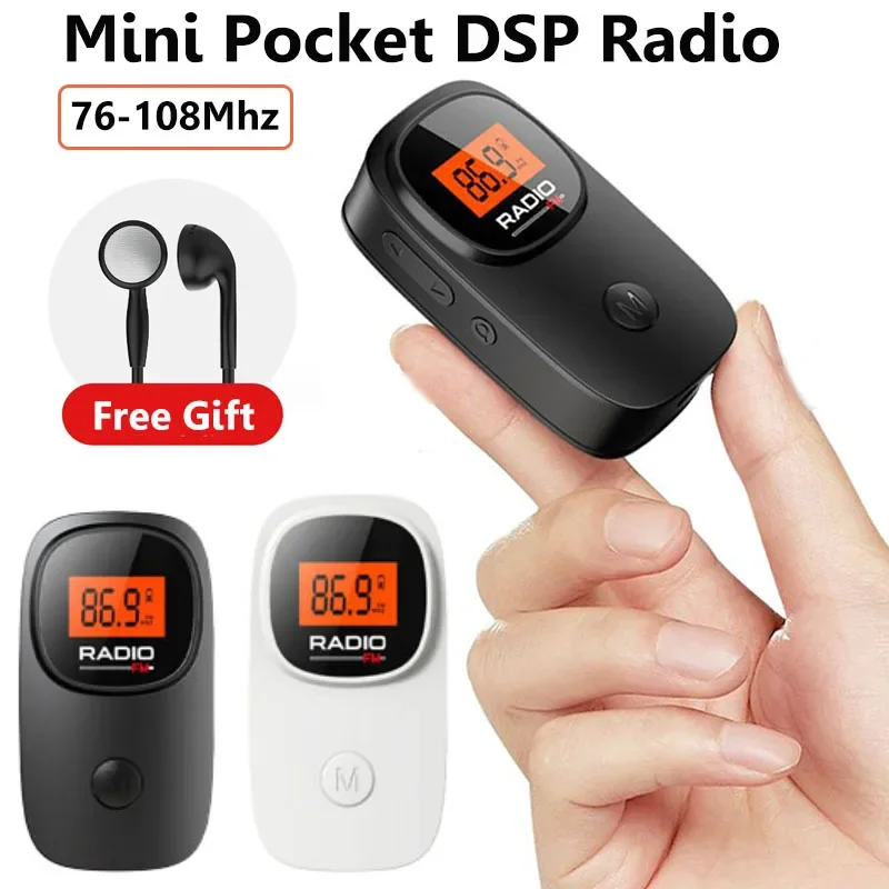 Mini rádio fm de bolso portátil com tela de luz de fundo dsp rádios receptor rádio alimentado por bateria com fones de ouvido estéreo de 3.5mm para esporte