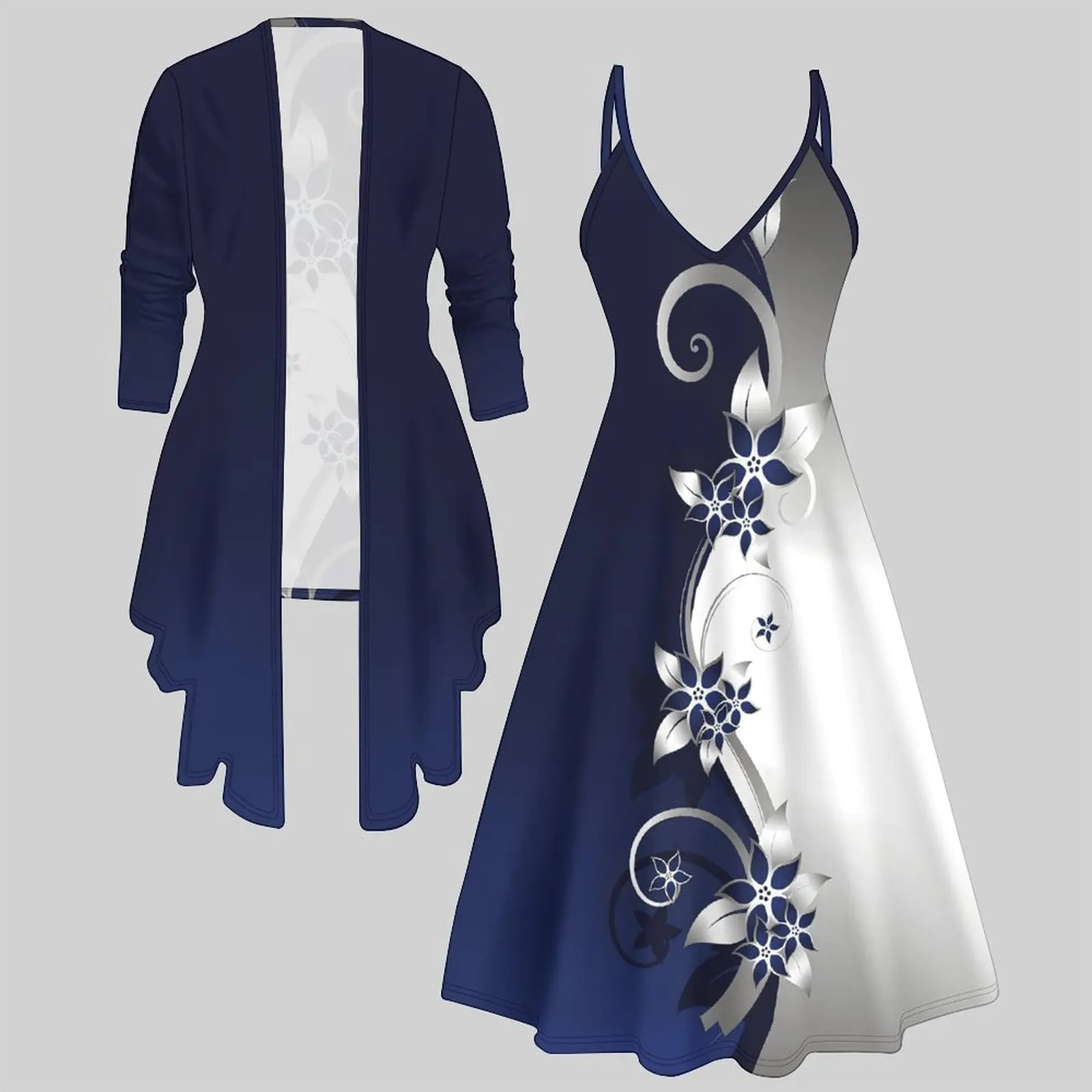 Women's Two-piece Set Autumn Ladies V-neck Fashion Vest Dress Printing Open-front Cardigan Winter Vacation Party Casual Wear