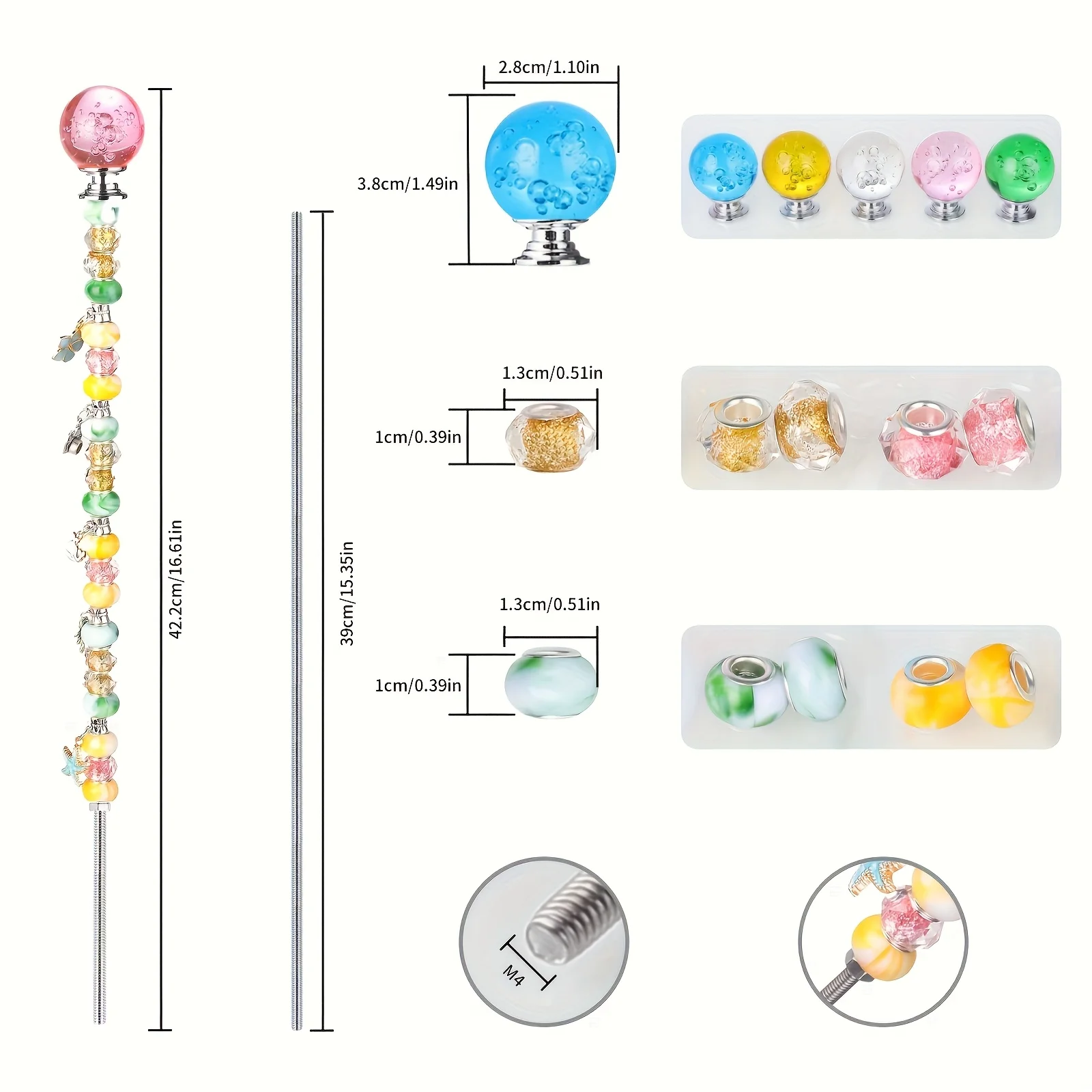 5 sets of DIY fairy wand fairy magic wand bead string garden wooden stake plant stake kits - 5 round crystal tops, 25 decorative droplets, 100 beads, 5 stainless steel threaded rods and 5 nuts, very suitable for outdoor decoration and flower pots and flow view 3