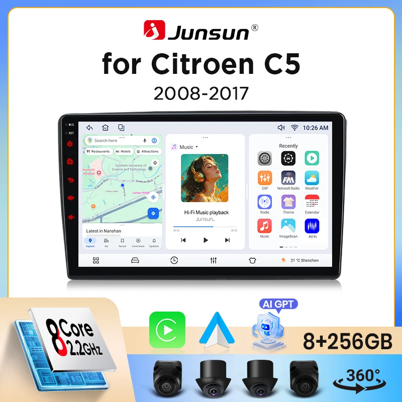 Image of Junsun Wireless CarPlay Android Auto Autoradio für Citroen C5 Mk2 (RD/TD) 2008-2017 mit integriertem Lüfter, Android GPS-Navigation, Multimedia-Player, WiFi, DSP, RDS, BT, SWC, IPS-Touchscreen,