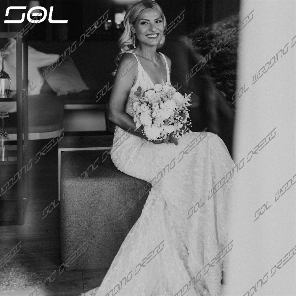 SOL-Robe de mariée dos nu à col en V avec bretelles spaghetti, appliques en dentelle, train de balayage, patients, sexy, sur mesure, élégant, magnifique