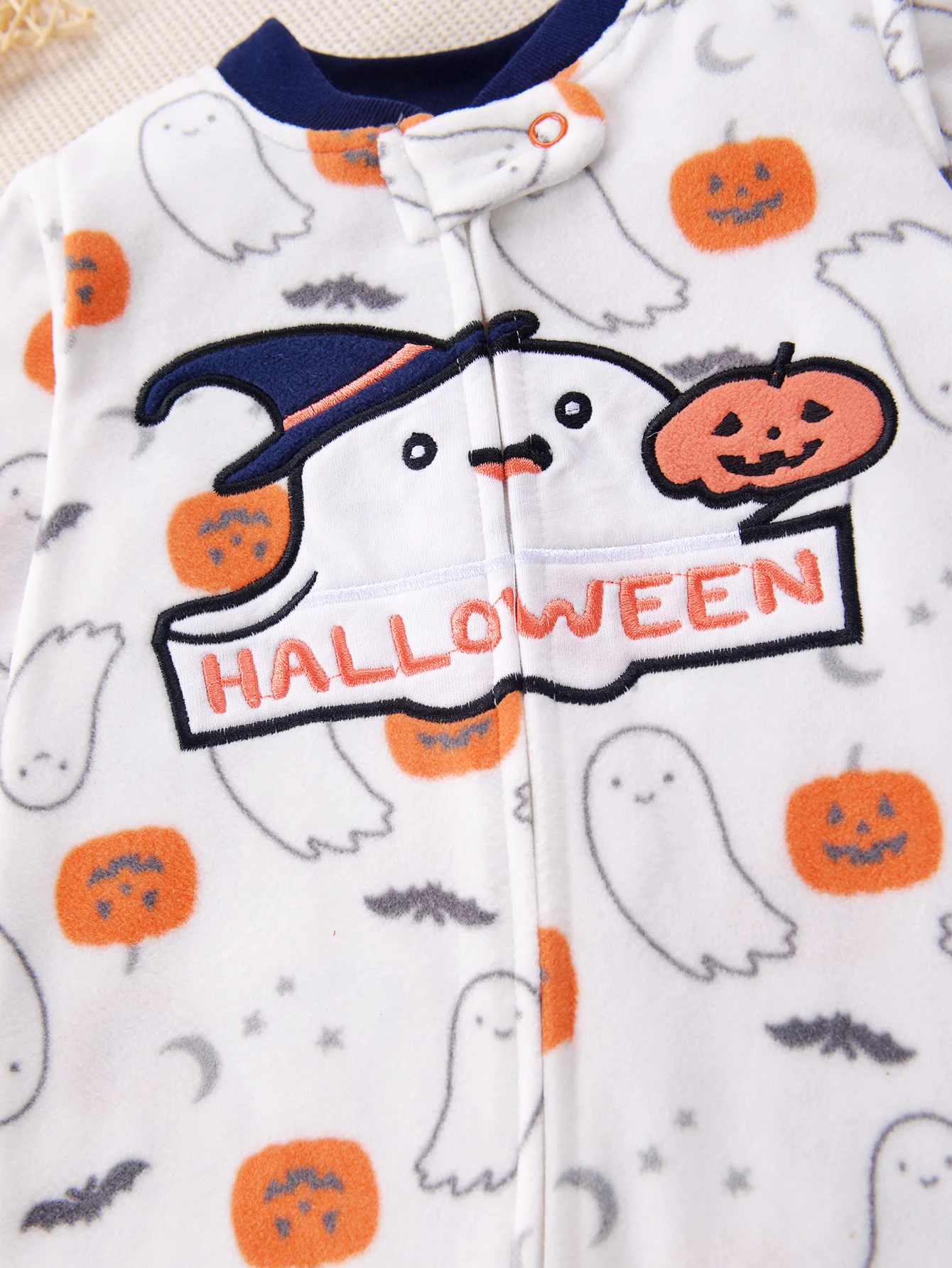 Halloween Cute Embroidered Baby Romper with Feet Warm Fleece Zipper Newborn Boys Pumpkin All-Over Print Autumn Winter Outfit 4