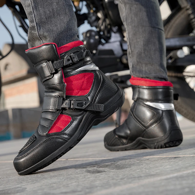 

Men Leather Motos Breathable Anti Slip Wear-resistant Riders Boots New Motorcycle Boots Motorbike Racing Ankle Length Shoes