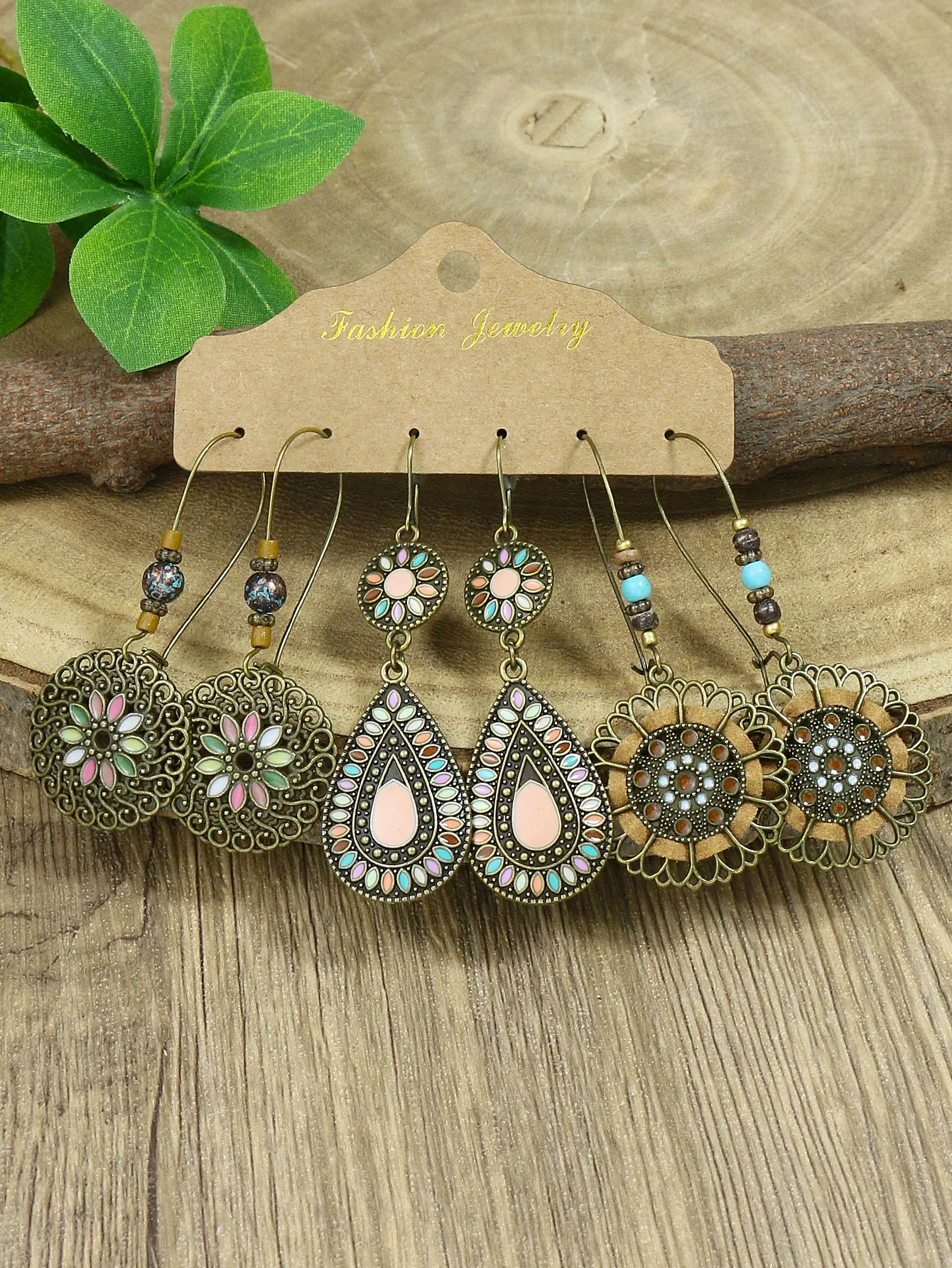 Vintage Leaves, Water Drops, Fake Wind Earrings, Female Geometric Handmade Shell Earrings, Coffee Color Tassel Jewelry