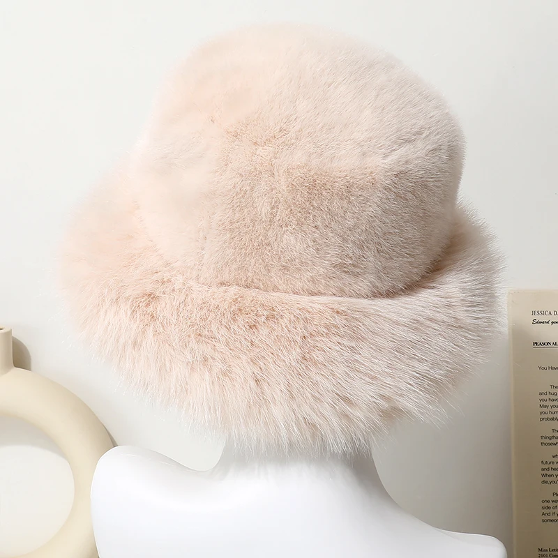 Große Faux Pelz Eimer Hut für Frauen Dicke Plüsch Warme Schöne Flauschigen Winter Hut Dame Luxus Mode Pelzigen Panama Fischer Kappe – Detail 13