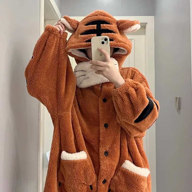 Cute Tiger Long Pajamas Loose Fastener Button Bathrobe with Pockets Hooded Nightdress Flannel Home Wear Clothing Female Costume