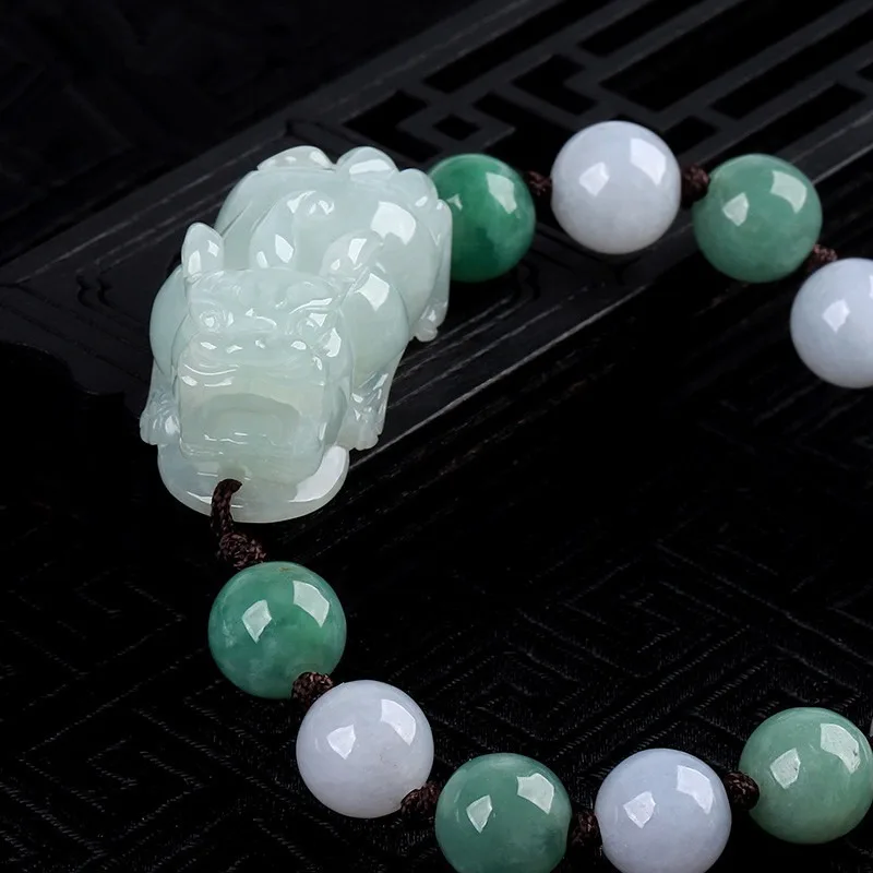 Natural Jadeite Ice Glutinous Seed Bean Green Hand-carved Pixiu Round Bead Bracelet for Men and Women