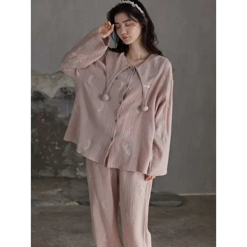 New Pajamas Women's Spring Autumn Woven Cotton Loungewear Long Sleeve Skin-friendly Sleepwear Set Loose Large Size Homewear