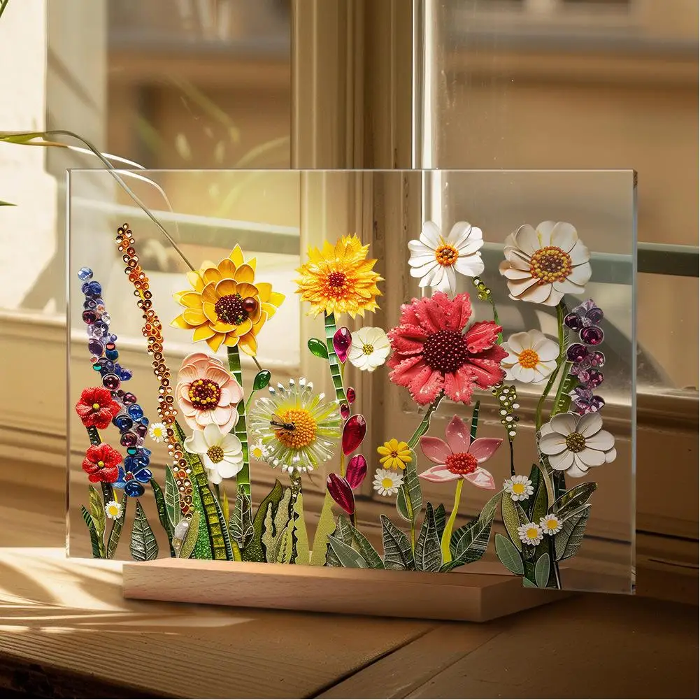 

Clear Floral Desk Decorative with Wood Stand Transparent Desktop Ornament Acrylic Sign For Birthday Gifts Wedding Decorations