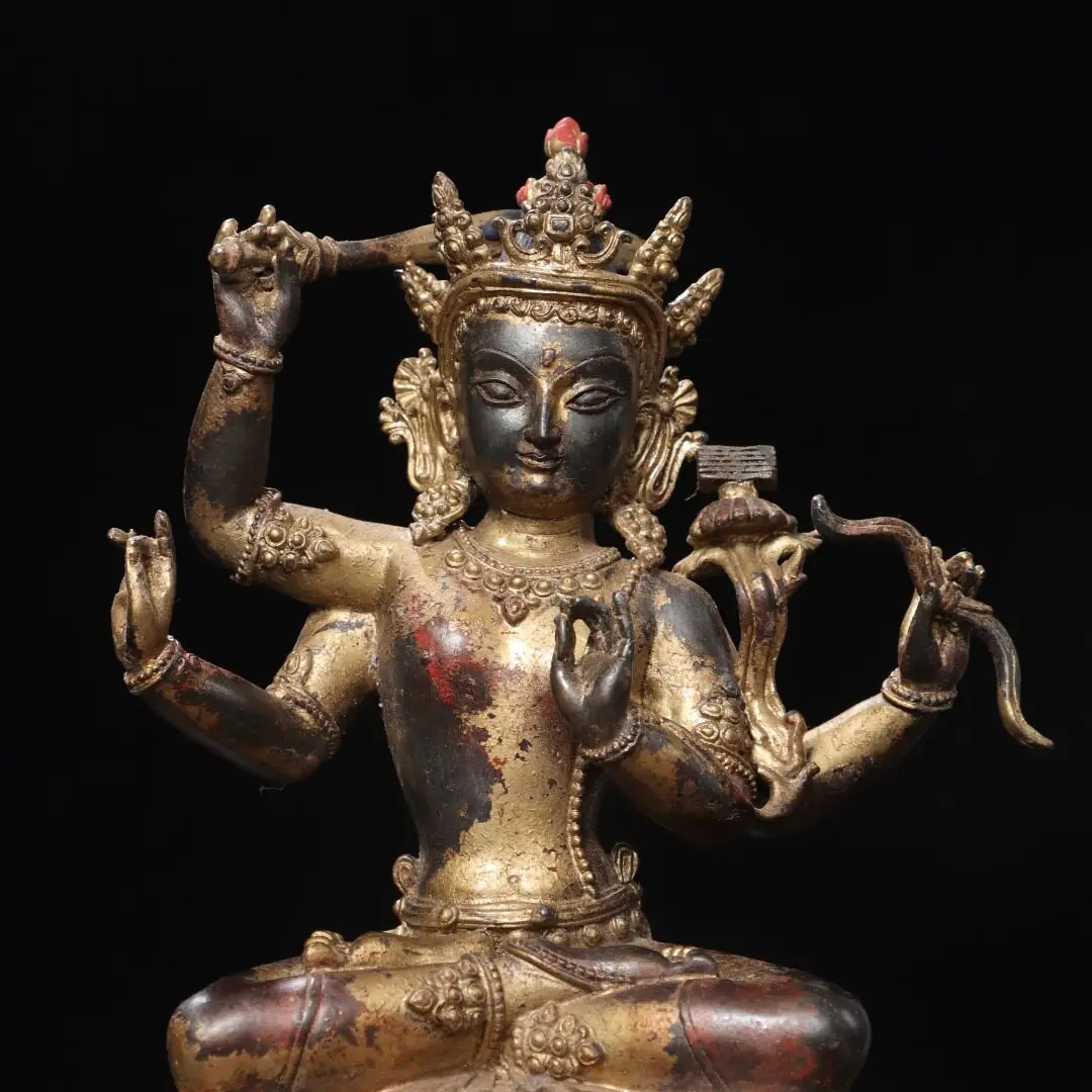 Tibetan Handmade Pure Copper Gold Rubbed Four Armed Manjushri Statue Home Desk Altar Decor