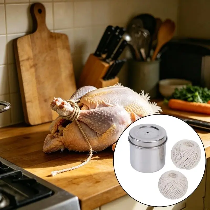 Steel Twine Dispenser with 2 Rolls Cotton String Rope For Turkey Tying Baking 55KF