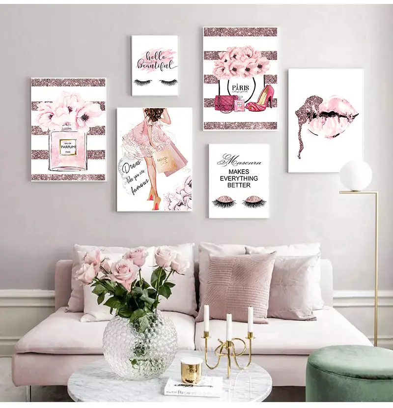 Painting Wall Picture Modern Girl Room Home Decoration Pink Flower Perfume Fashion Poster Eyelash Lips Makeup Print Canvas Art