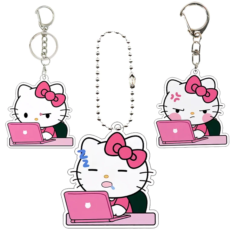 

Kawaii Hello Kitty Funny Acrylic Keychain Accessories Creative Hate Work Anime Cartoon Figure Keyring Jewelry Pendant Charm Gift