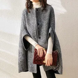 Elegant Ladies Cloak Plaid Woolen Coat Women's Mid-length Autumn Winter Jacket Fashion Round Neck 3/4 Sleeve Loose Button Poncho