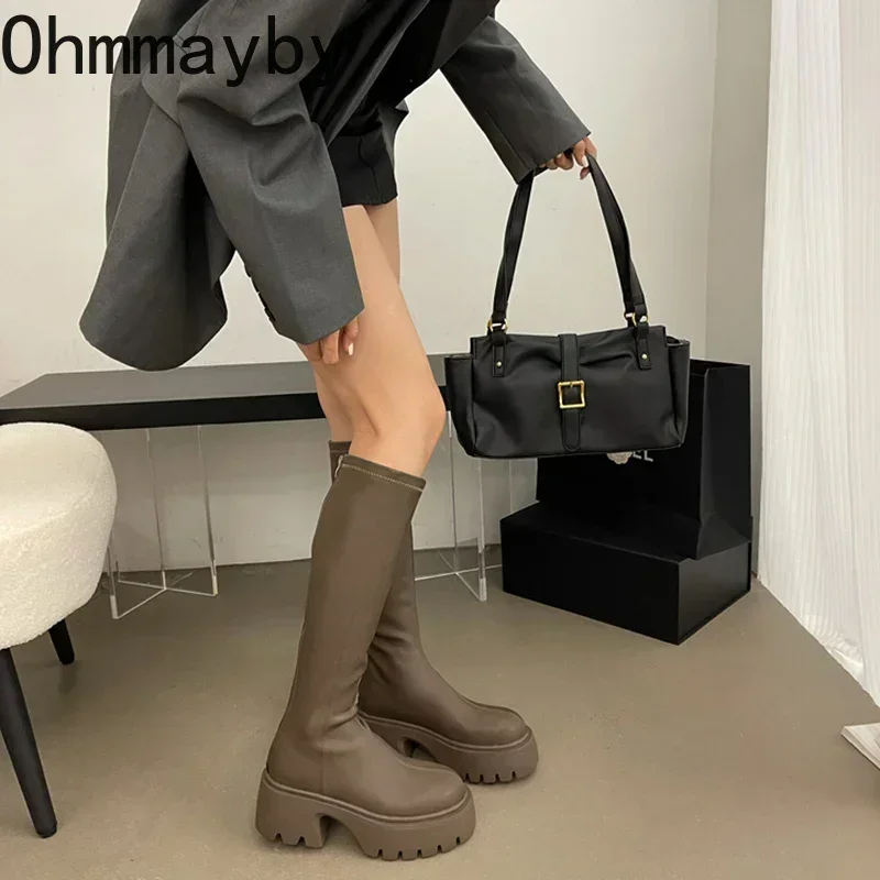 Winter High Boots For Women Fashion Back Zippers Long Boots Female Elegant Platform Thick Bottom Women\'s Knight Botties