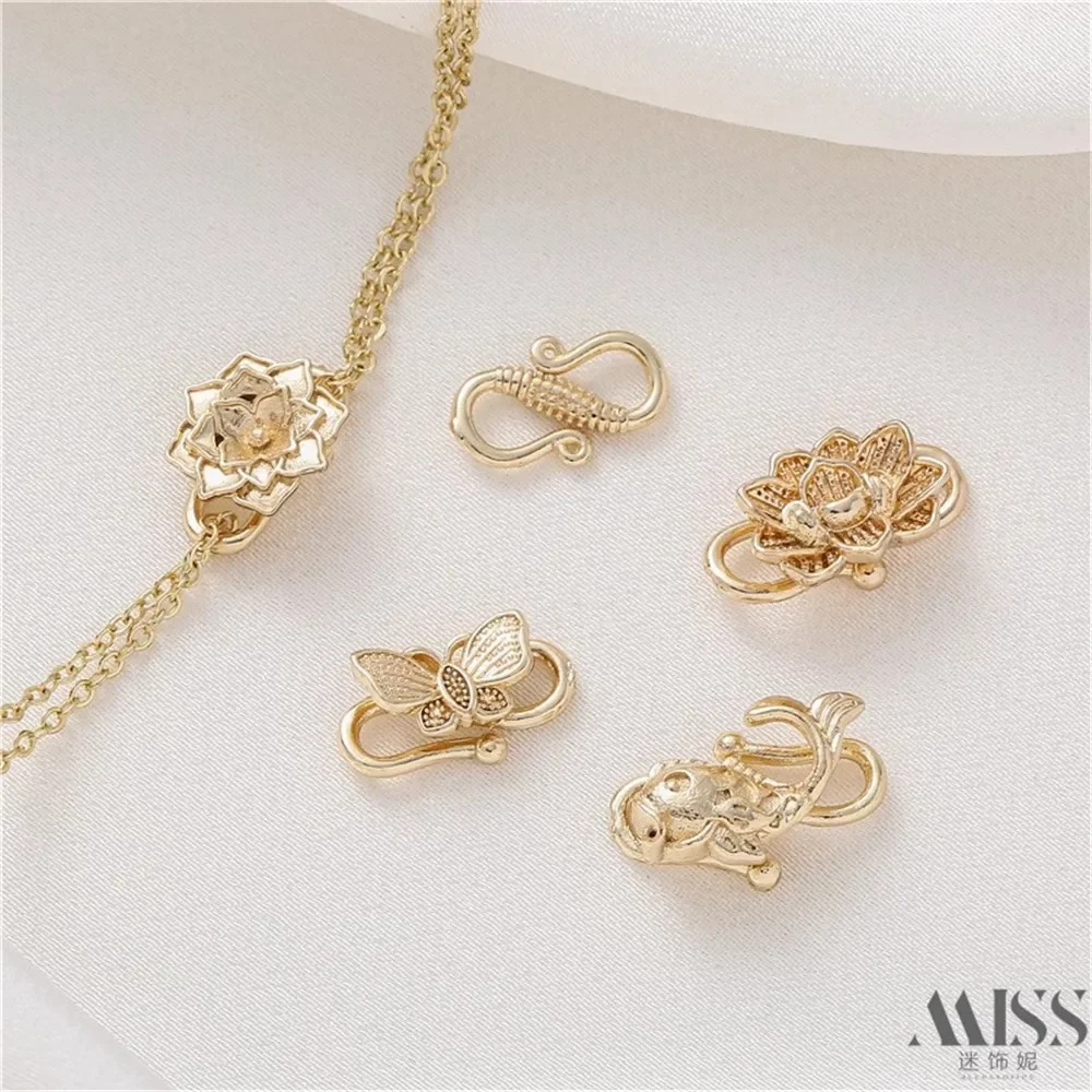 14K Gold Bag Color Carp Lotus Pod Butterfly Lotus Connection S Button Head DIY Closing Button Bracelet Necklace Accessories