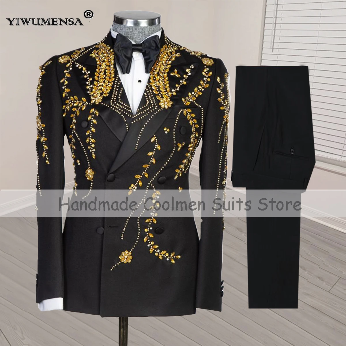 

Luxury Jewelry Beaded Stoned Suits Men For Wedding Double Breasted Jacket Pants 2 Pieces Man Banquet Party Dress Groom Tuxedos