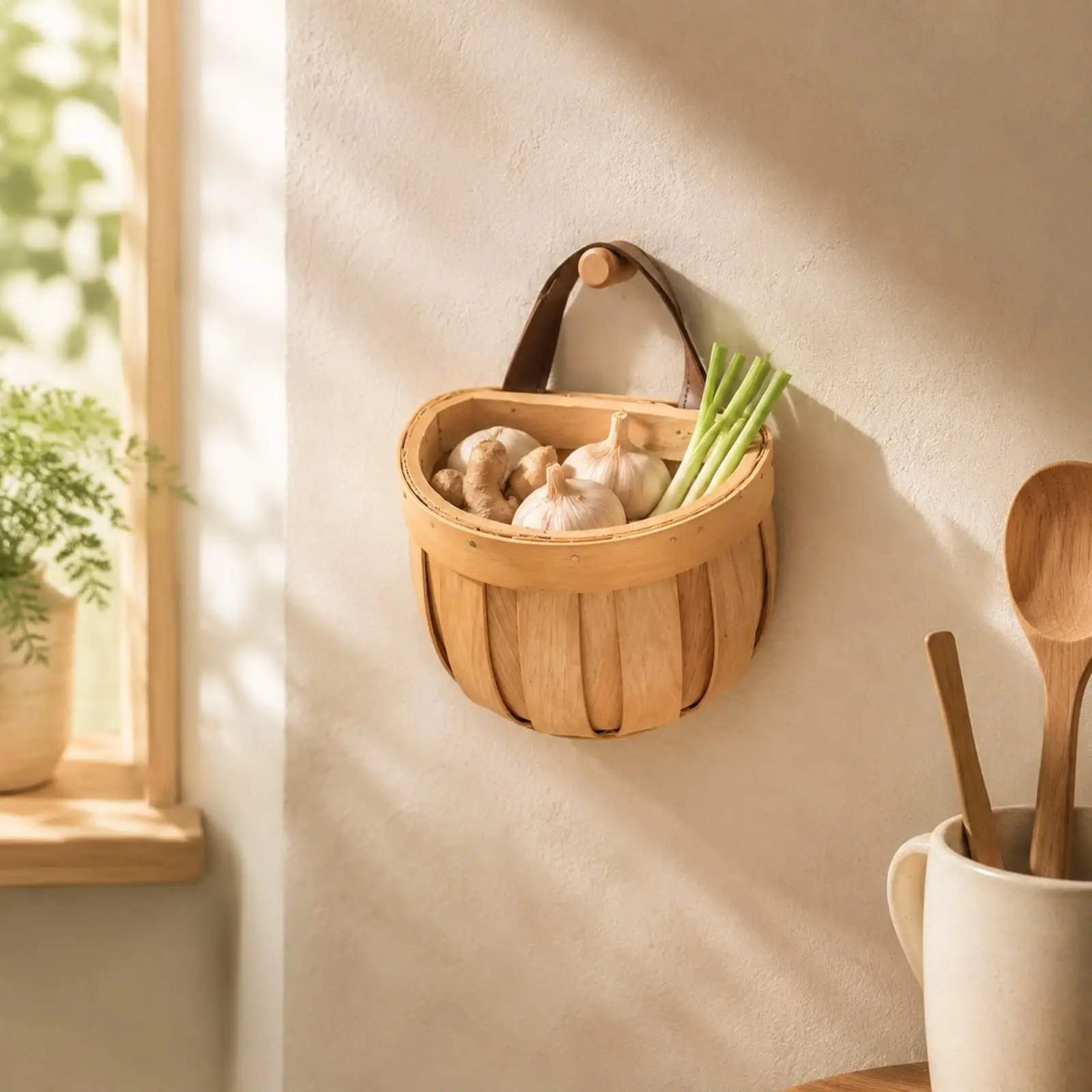 Pumpkin Shaped Wooden Wall Hanging Basket with Leather Handle for Kitchen Storage Organizer view 5