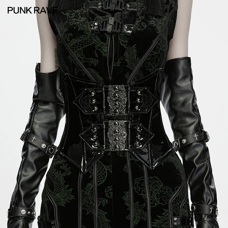 PUNK RAVE Women's Patent Leather Metal Skull Buckles Corset Punk Charm Rebellious Feel Party Club Waistline Accessories