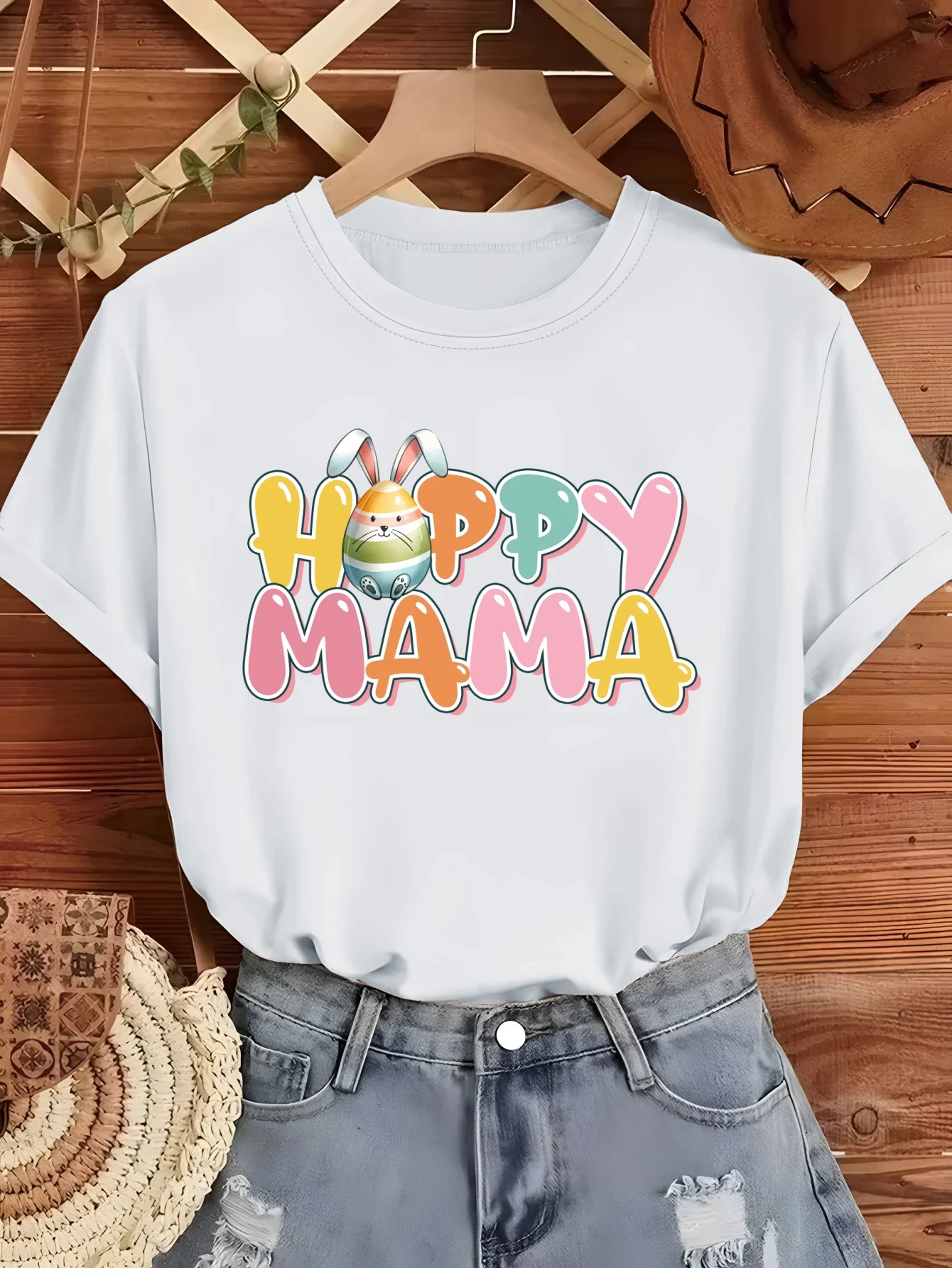 HOPPY MAMA Rabbit Ear Easter Egg Letter Summer Short Sleeved T-shirt Colorful Gradient Fun Design Personalized Trendy Top