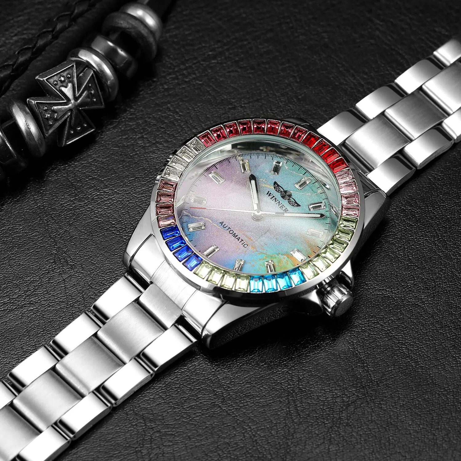 Winner 002A Men\'s Automatic  Watches Diamonds Watch Male  colorful Skeleton Waterproof Stainless Steel Top Brand Clock