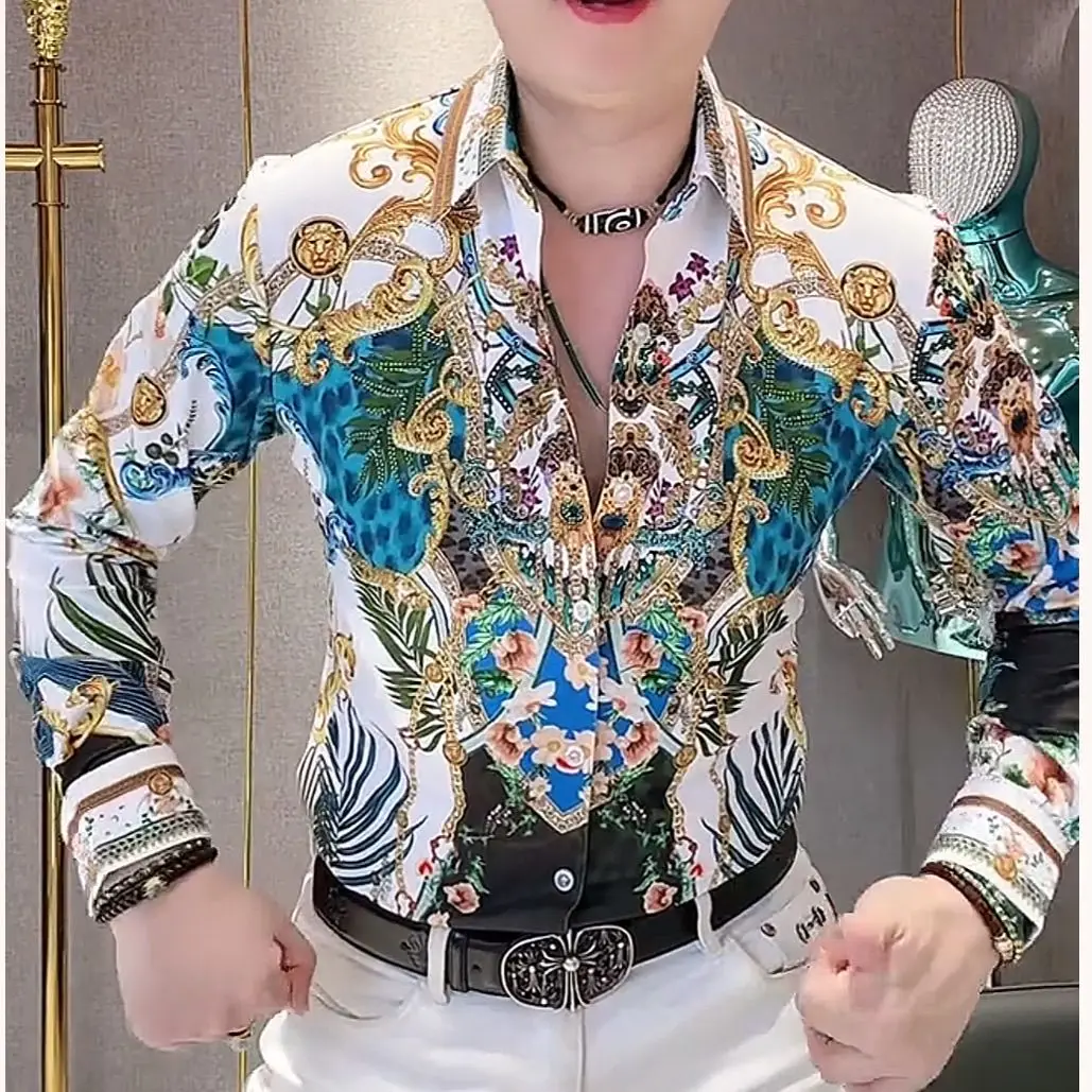 

Spring Autumn New High-End Men's Micro-Elastic Diamond Embellished Long Sleeve Shirt