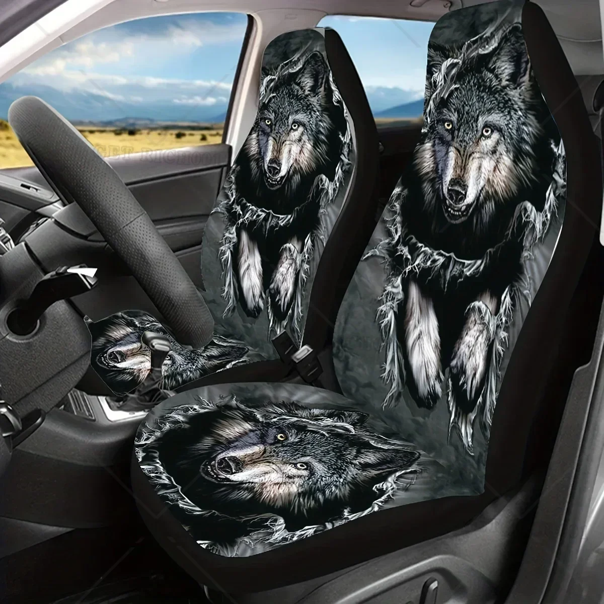 Cool Wolf Print   Cover  Cushion Four Seasons Car Accessories Interior  Men Car Cushion  Covers 2pc