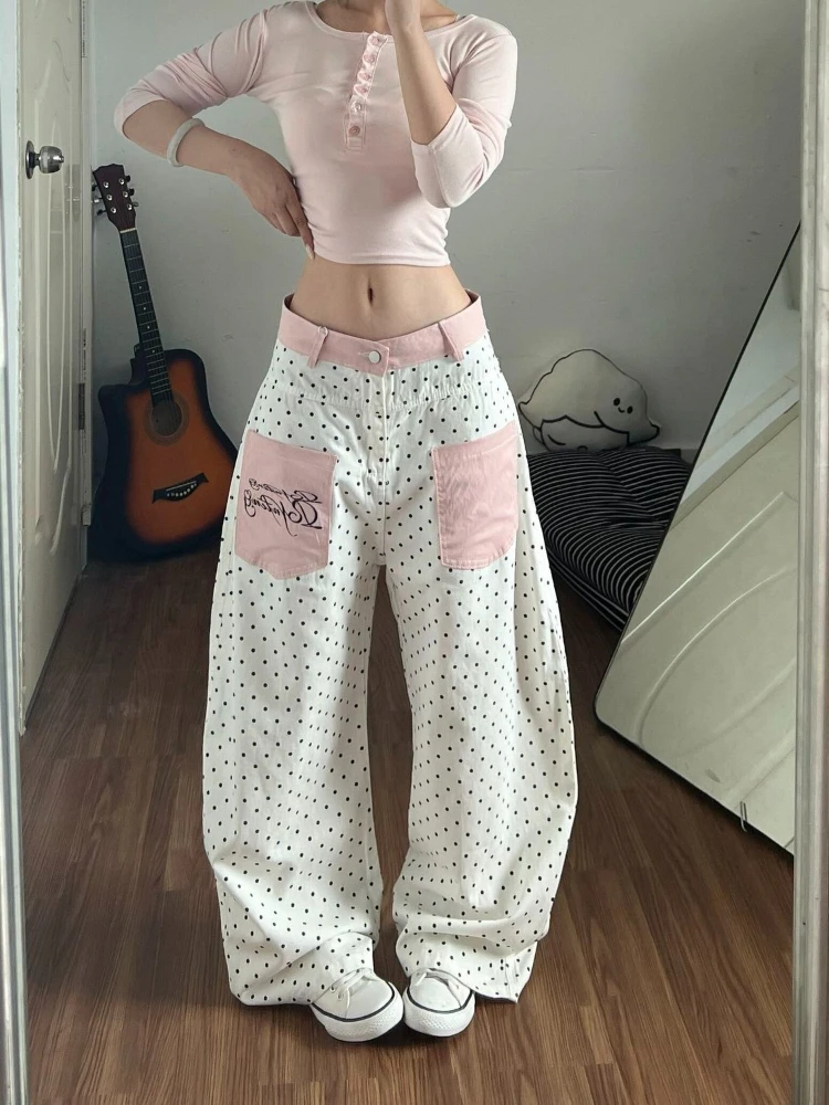 American Vintage Polka Dot Print Curved Jeans Women Casual Streetwear Y2k Retro Full-Length Denim Pants Bodycon Fit 2026